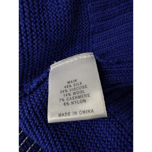 St. John Indigo Stripe Links Knit Asymmetrical Sweater Silk Wool Cashmere- M - Picture 9 of 10